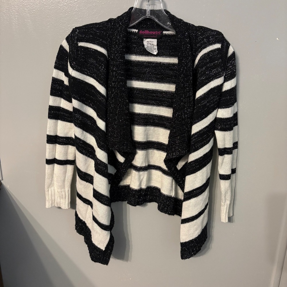 Dollhouse Black White Stripe Sparkle Open Cardigan Sweater (Girls Medium 10/12)